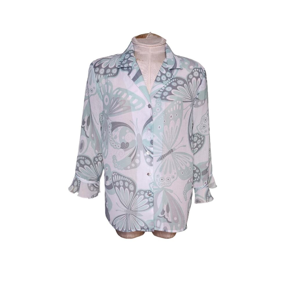 Alfred Dunner Mint green butterfly button up sheer top Size 8